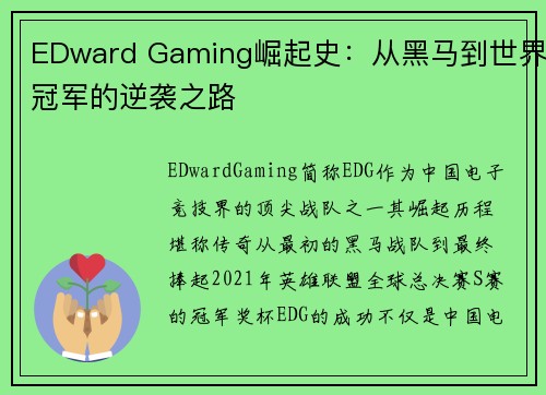 EDward Gaming崛起史：从黑马到世界冠军的逆袭之路