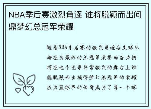 NBA季后赛激烈角逐 谁将脱颖而出问鼎梦幻总冠军荣耀