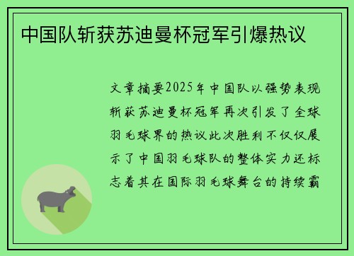 中国队斩获苏迪曼杯冠军引爆热议